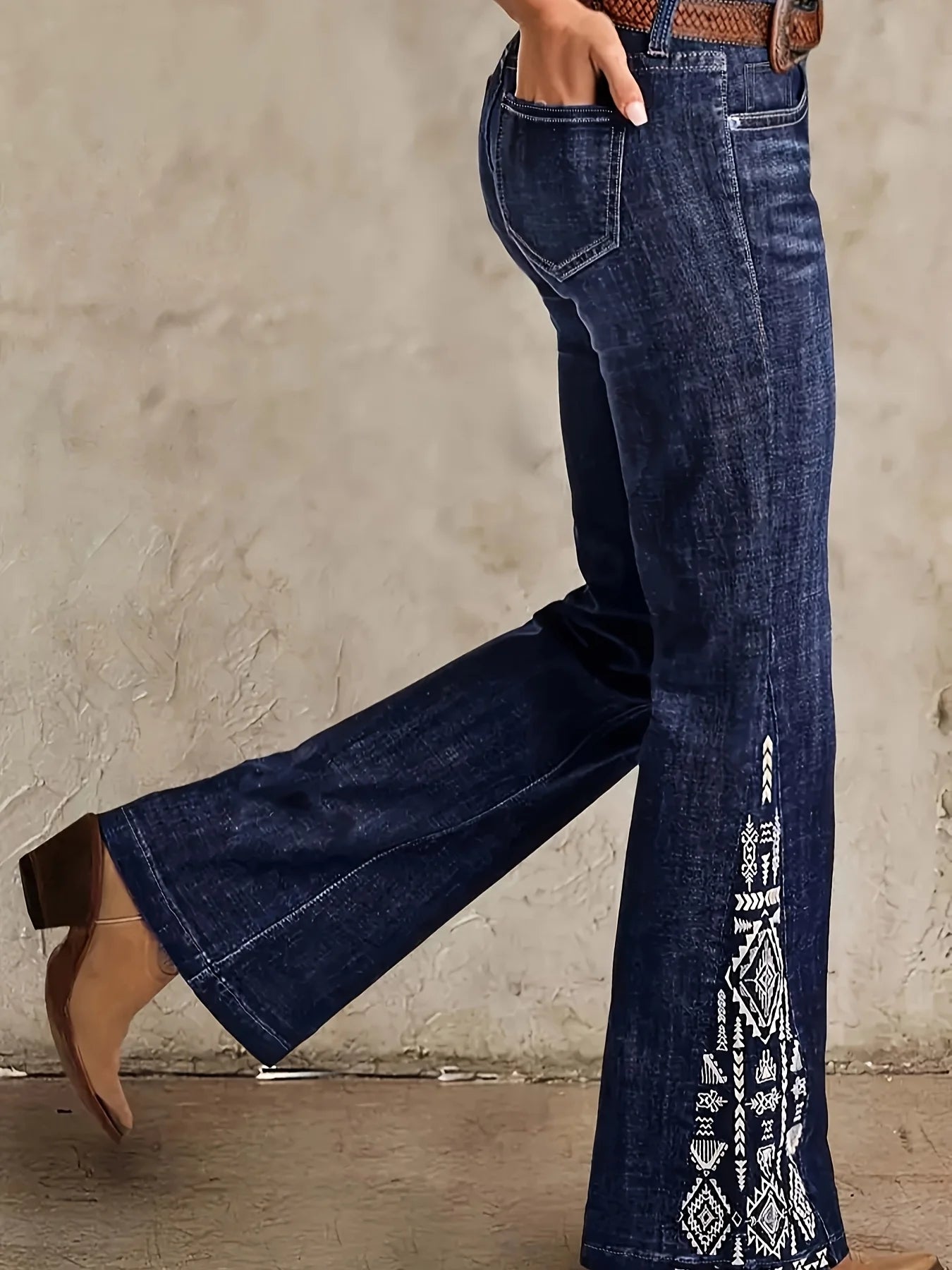 Women’s High Rise Wide Flare Jeans: Medium Wash Stretch Denim with Beaded Embroidery – Vintage Boho Western Cowboy Style