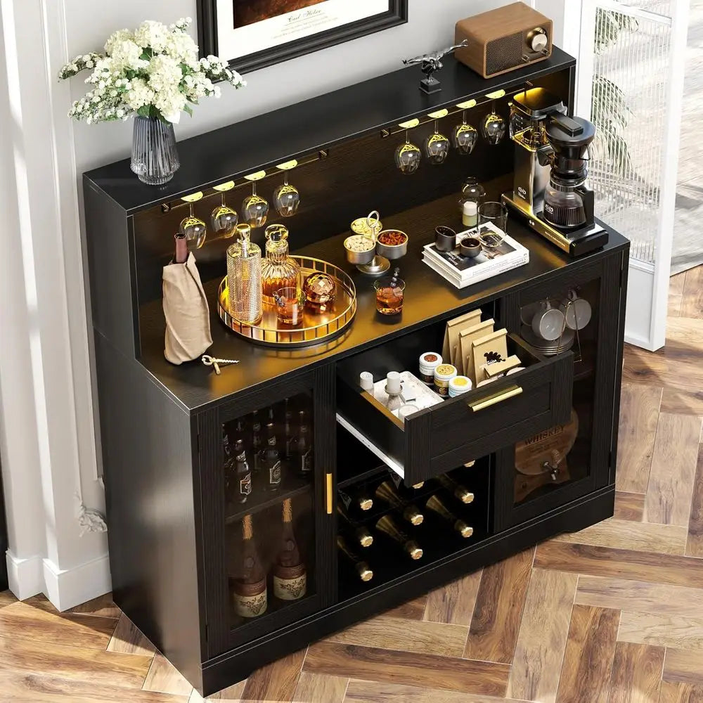 Wine Bar Cabinet with LED Light, Liquor Cabinet with Wine Rack and Glass Holder, Coee Bar Cabiwith Der, Buet Sideboard Table wit