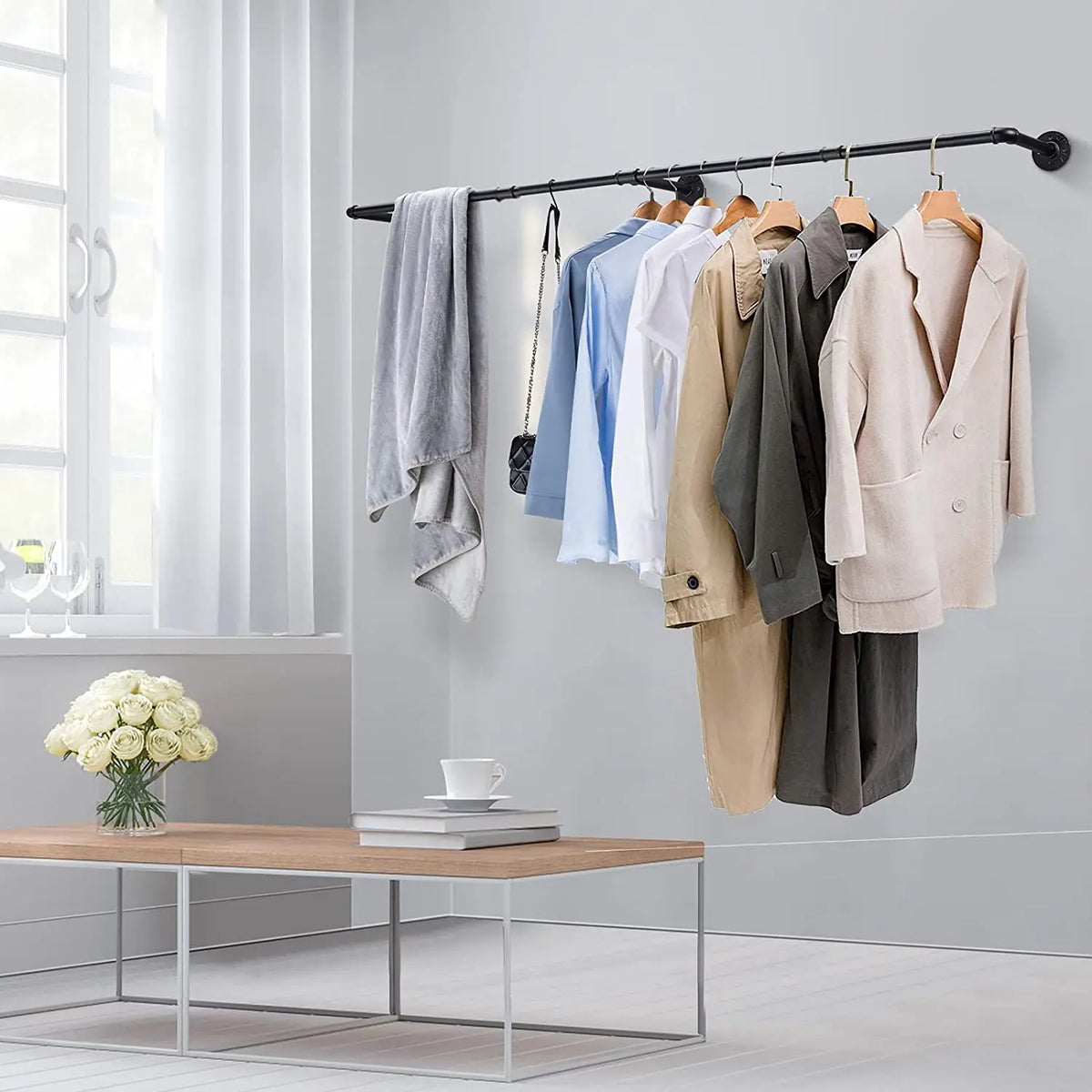 180cm Bedroom Garment Home Rail Multipurpose Wall Mounted Industrial Pipe Clothes Rack Space Saving Hanging Shelf with 3 Hooks