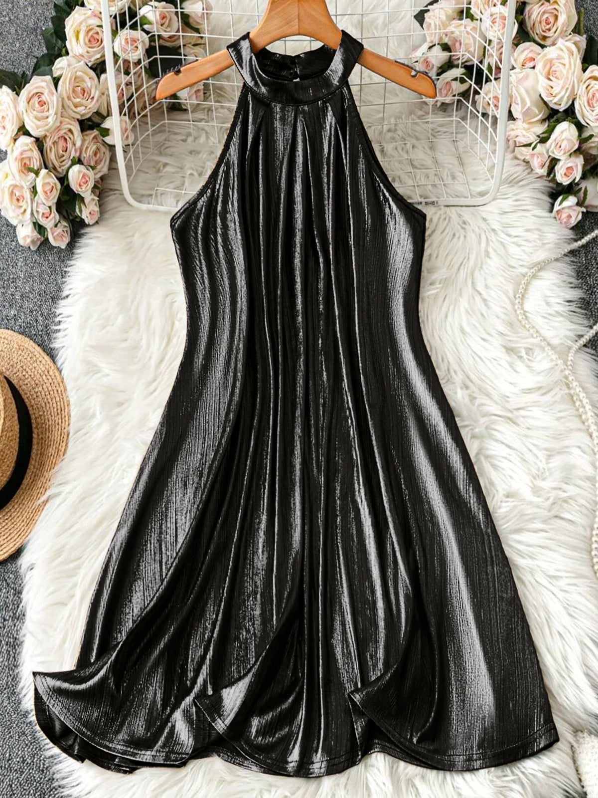 Women Sequined Sleeveless Cocktail Dress Elegant Polyester Party Evening Wear
