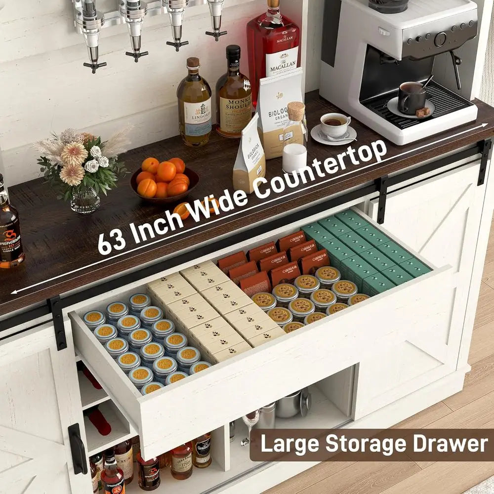 armhouse Coee Bar Cabinet with LED Light, Charging Station & Sliding Barn Do- 63"W x 71"H Large Wine Rack, Built-in Liquor Dispe