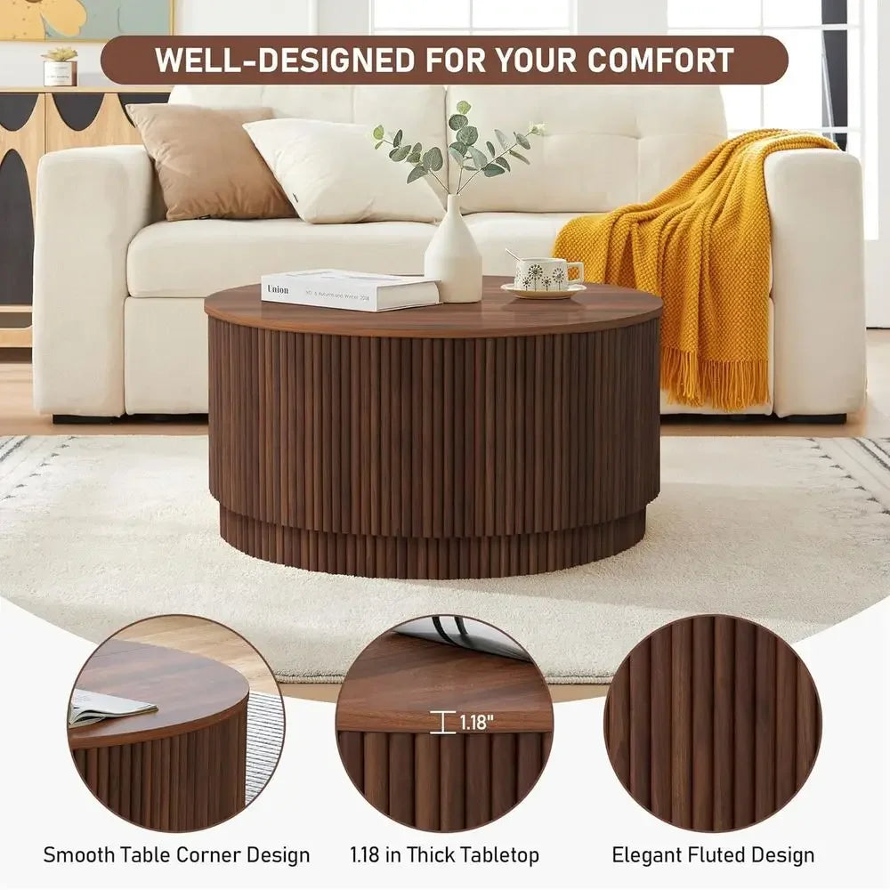 31.5" Round Coee Table with Storage, Century ern Coee Tables with luted Base, Wooden Circle Accent Center Table or Living Room S