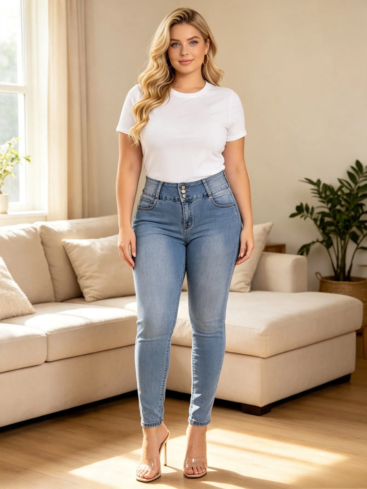 【HME】Jeans | High‑Rise Skinny Denim Pants, Ladies 3‑Button Waist Stretch Denim Jeans, Decorative Rhinestone Embroidery On Back Pockets, Figure‑flattering Pants, Light Blue Washed Denim For Casual Occasions