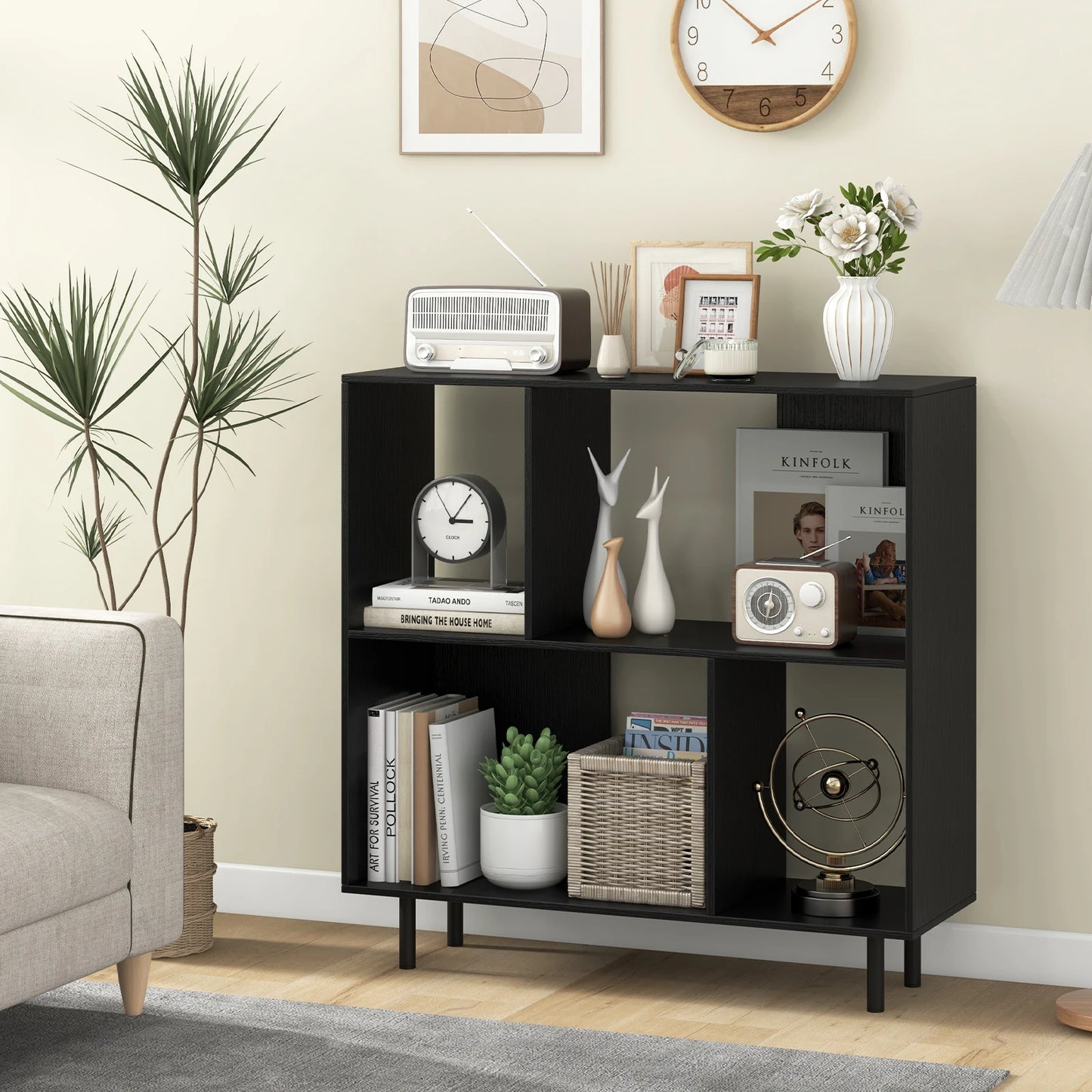 Open Shelf Bookcase Mid Century Modern Cube Bookshelf with 4 Compartments