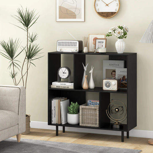 Open Shelf Bookcase Mid Century Modern Cube Bookshelf with 4 Compartments