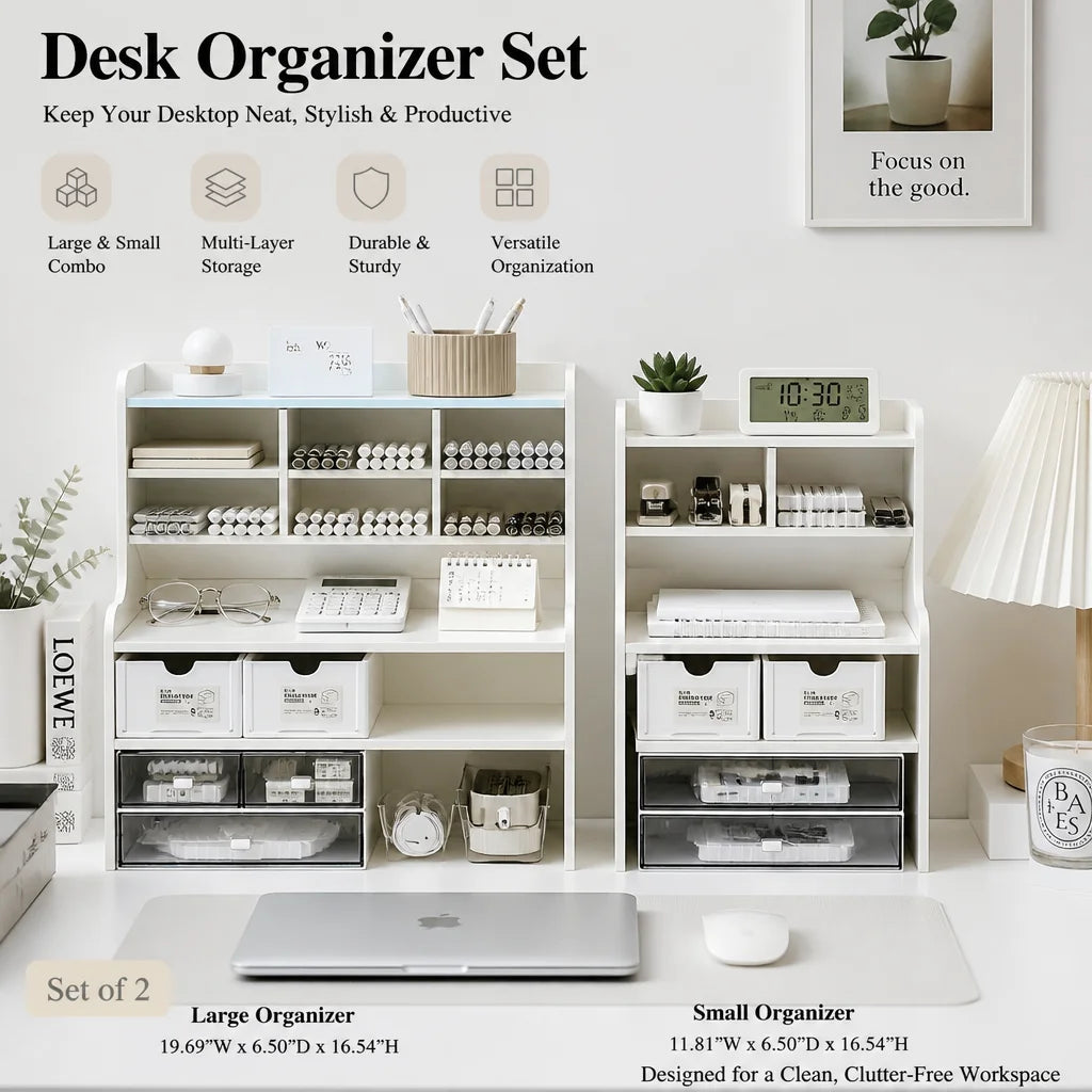 Two Tier Desk Organizer With Drawer And Tilt Pen Holder