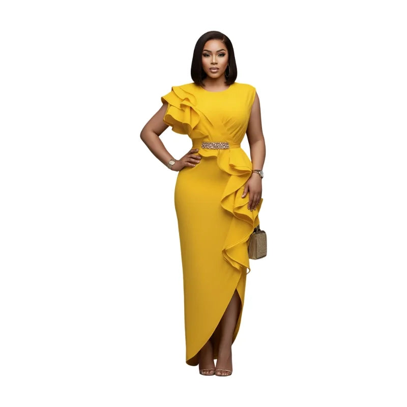 Women's Round Neck Ruffle Decor Split Maxi Bodycon Dress For Wedding Guest Banquet Evening Party Formal Fashion Occasions