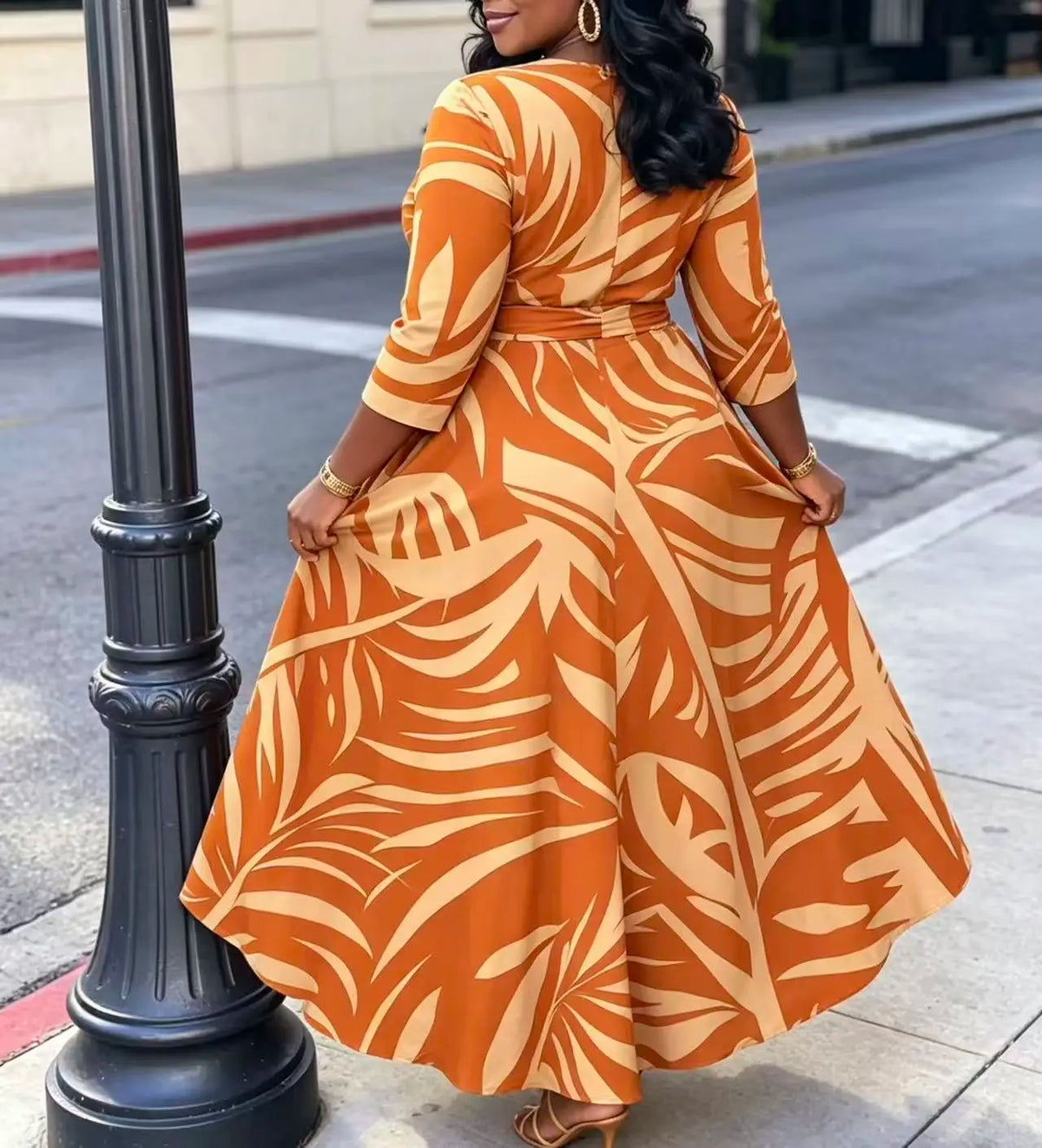 Women's Orange Palm Leaf Print Midi Dress With Pockets