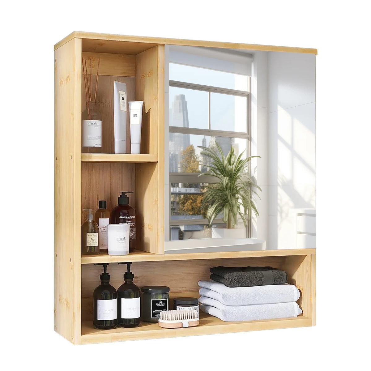 Bathroom Cabinet with Mirror Wall Bamboo Medicine Storage Shelves