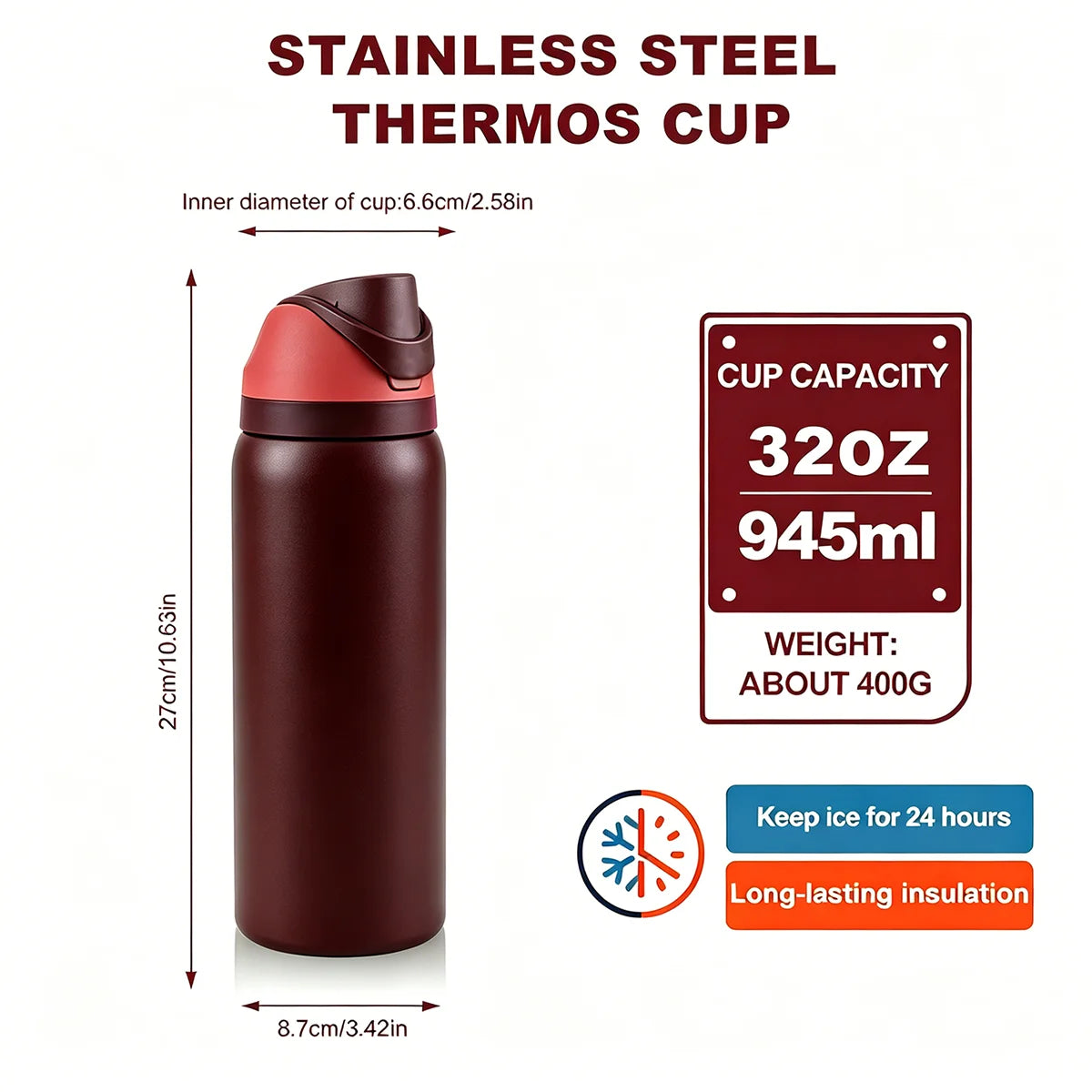 Owalaa black cherry 32oz/945ml stainless steel insulated water bottle with straw,for daily sports outdoor,perfect gift
