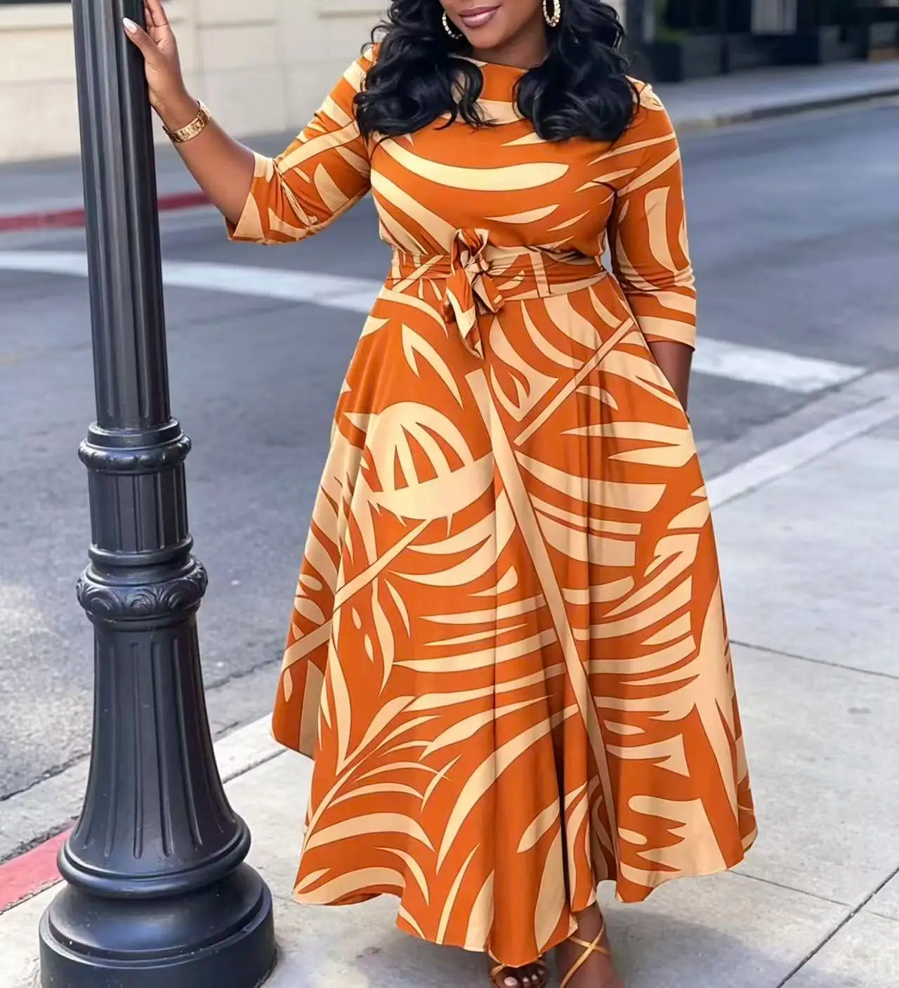 Women's Orange Palm Leaf Print Midi Dress With Pockets
