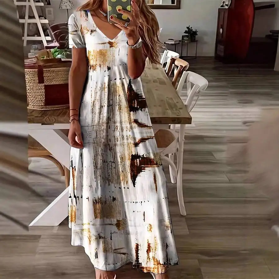 Women Elegant Loose Fit Printed Knit V Neck Casual Dress