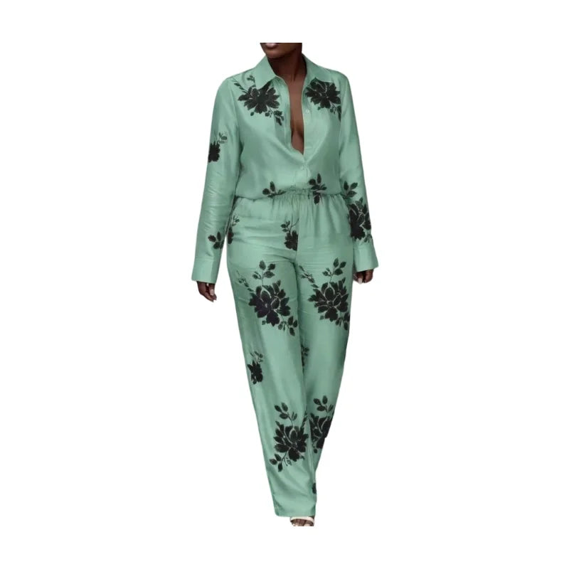 Women Printed Collar Shirt Matching Pants Casual Two Piece Set