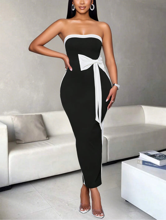 Ladies Fashion Elegant Color Block Knot Design One Shoulder Dress Stylish Graceful Versatile Butterfly Bow Dress for Women