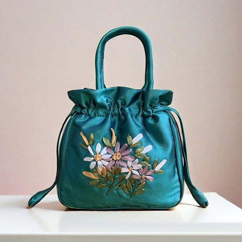 National Style Embroidered Flower Bucket Bag With Drawstring