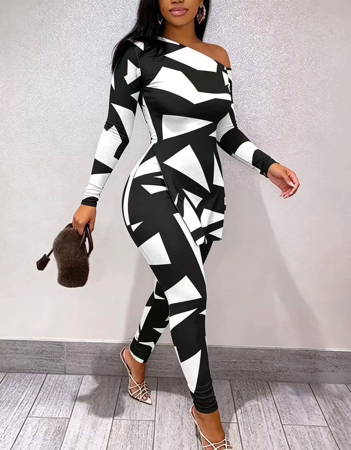 Women One Shoulder Geometric Print Polyester Two Piece Outfit Set