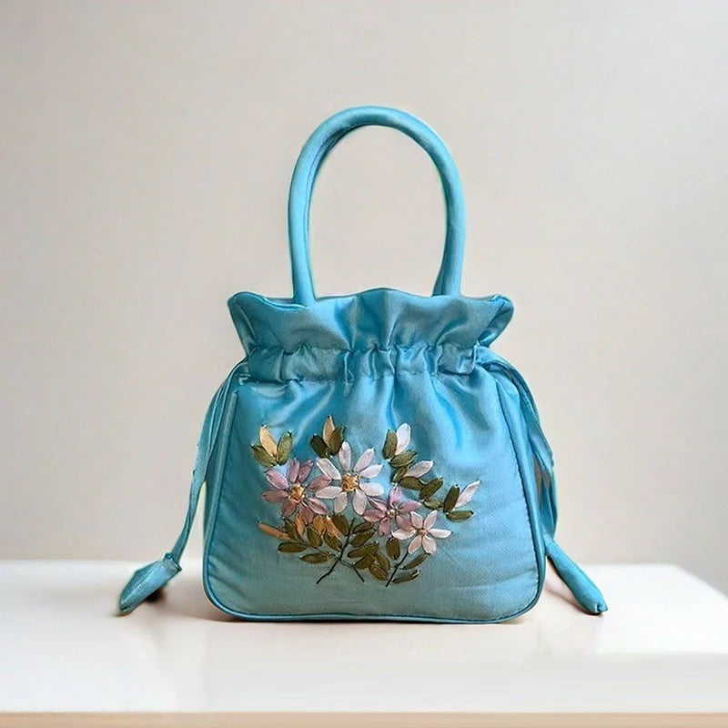 National Style Embroidered Flower Bucket Bag With Drawstring