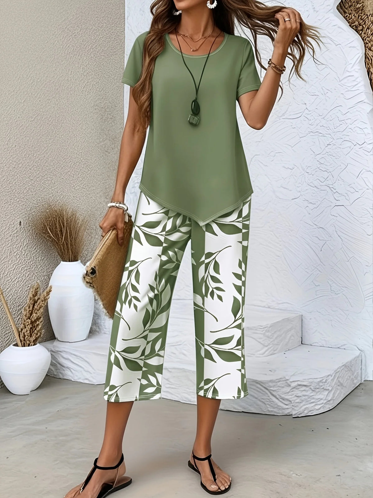QQRRGK Women Casual Leaf Print Two Piece Pants Set