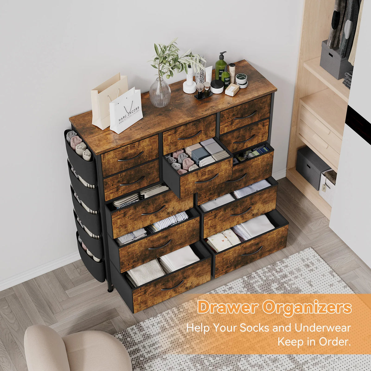 12-Drawer Dresser for Bedroom,Cloth Storage Tower,Fabric Storage Cabinet,Chest of Drawer with Side Pockets,Metal Frame,Wood Top