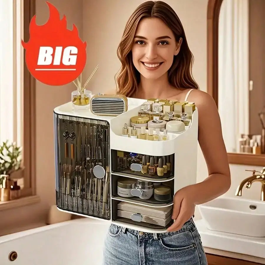 Makeup Organizer with Mirror & Drawers, Large Capacity Cosmetic Storage Box, Semi-Open Vanity Case for Skincare, Bathroom Dressing Table, Office Desk