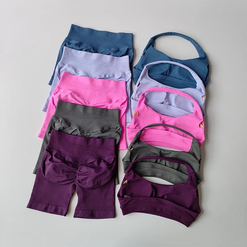 Halter Neck Sports Bra Shorts Set For Yoga Pilates