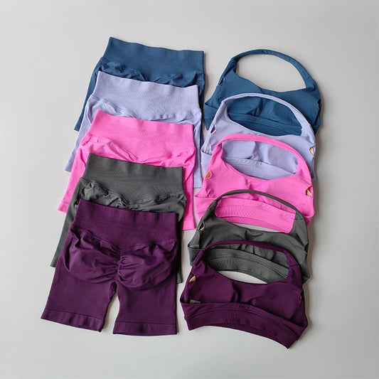 Halter Neck Sports Bra Shorts Set For Yoga Pilates