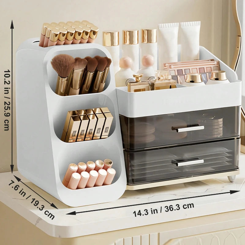 Makeup Organizer with Brush Holder & Drawers, Large Capacity Cosmetic Storage for Vanity Bathroom Countertop, Skincare Lipstick Display Stand