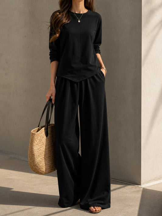 Women's Two Piece Casual Lounge Set With Wide Leg Pants