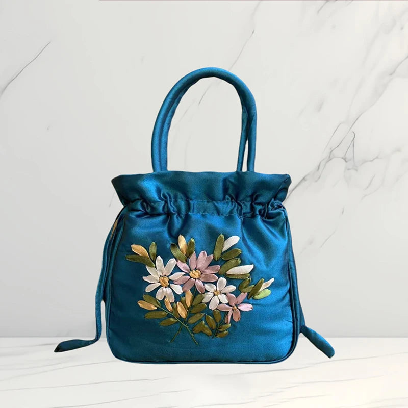 National Style Embroidered Flower Bucket Bag With Drawstring