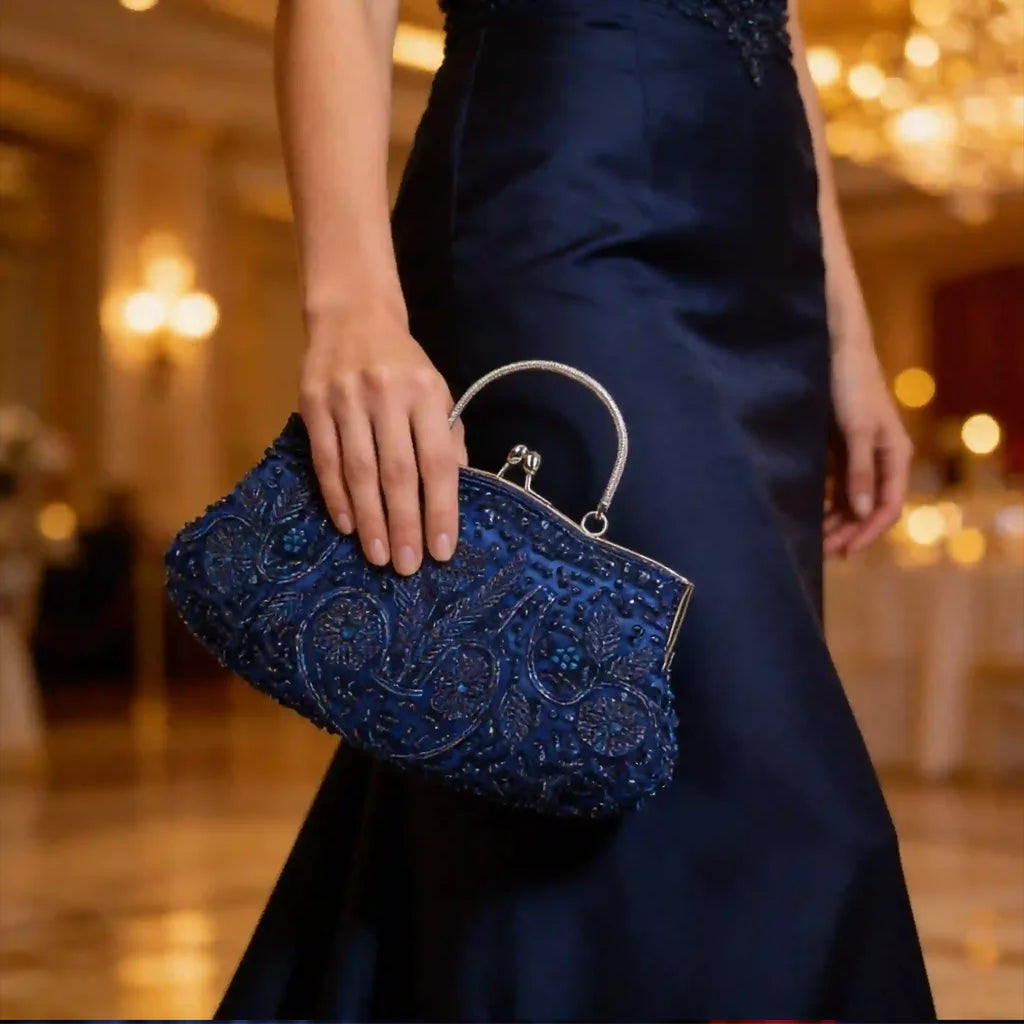 Handmade Beaded Floral Evening Clutch Purse With Kiss Lock