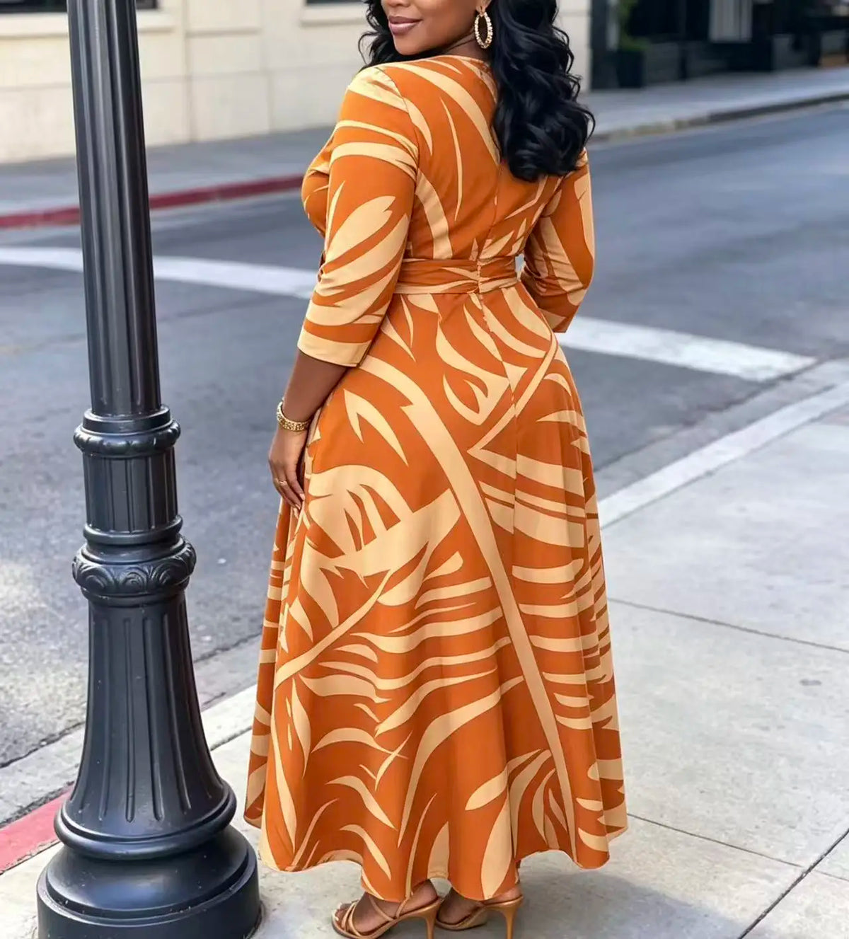 Women's Orange Palm Leaf Print Midi Dress With Pockets