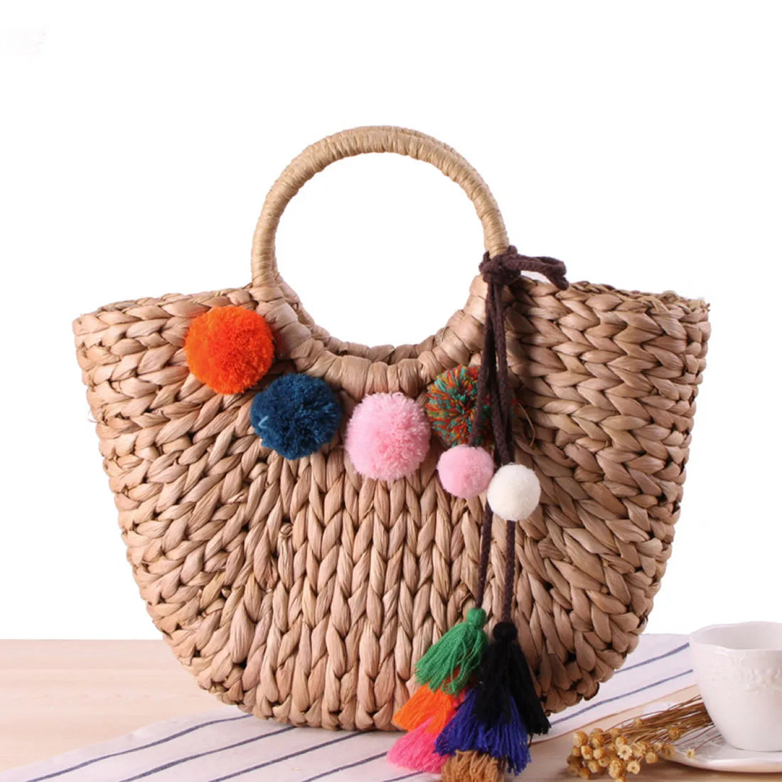 YYW Handmade Straw Woven Bag For Beach And Shopping