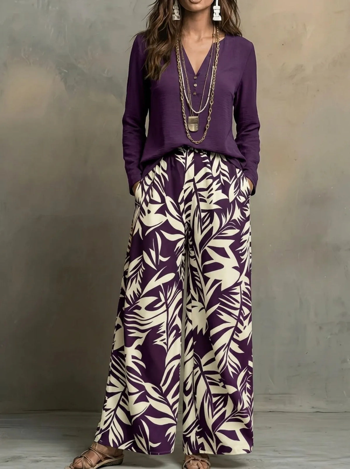 Womens Leaf Print V Neck Blouse Wide Leg Pants Set