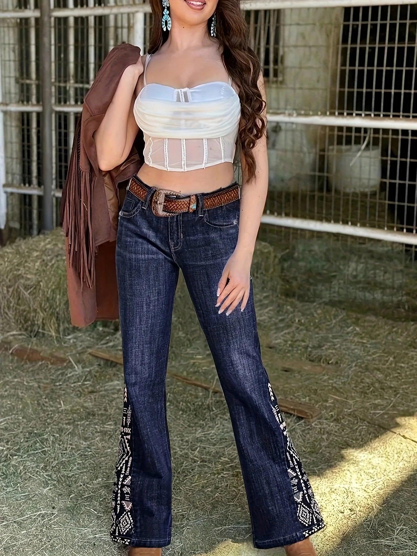 Women’s High Rise Wide Flare Jeans: Medium Wash Stretch Denim with Beaded Embroidery – Vintage Boho Western Cowboy Style