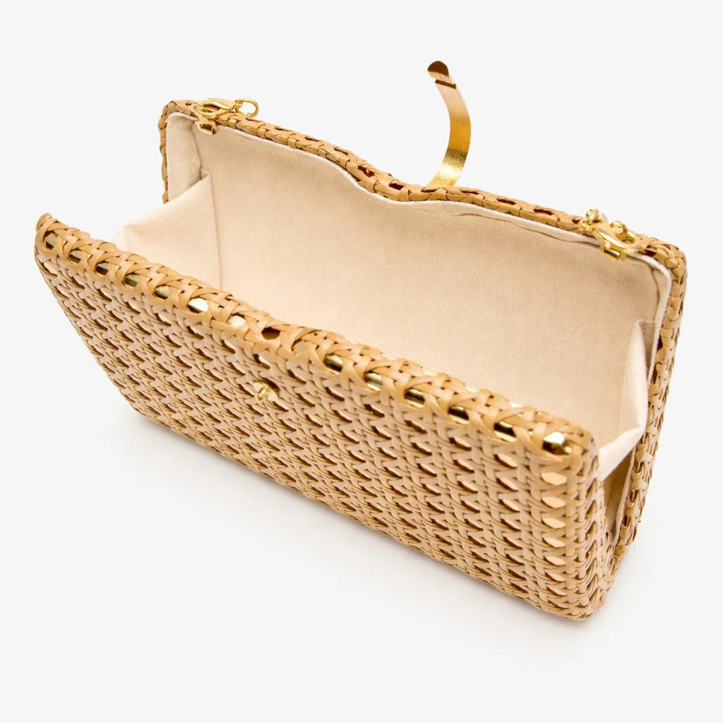 Square Woven Rattan Clutch Bag With Gold Chain Strap