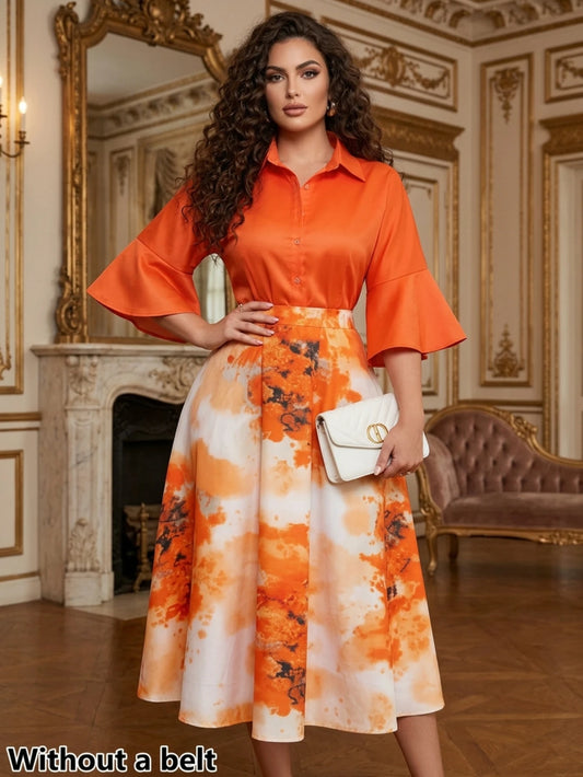 Women's Plus Size Collar Button Flare Sleeve Color Block Abstract Print Midi Dress For Dinner Date Church Formal Daily Fashion Occasions