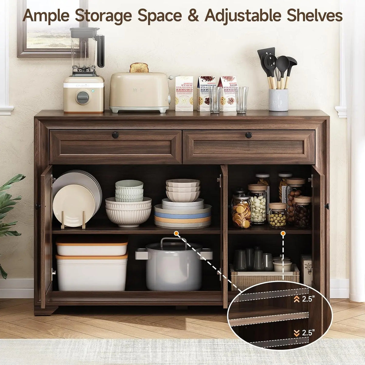 48" Sideboard Storage Cabinet with 2 Drawers + 3 Doors | Wood Coffee Bar Cabinet, Buffet Table Adjustable Shelves Farmhouse Style for Home Kitchen Living Room