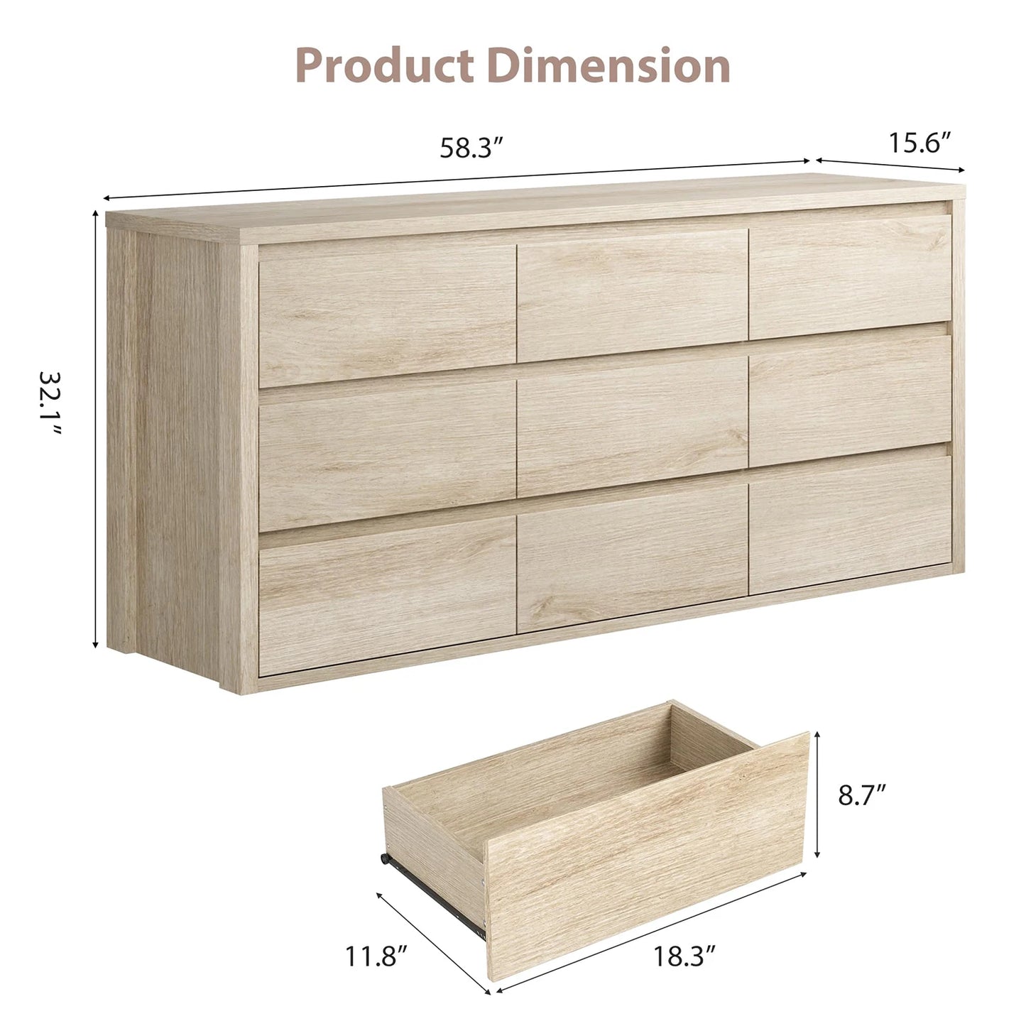 9 Drawer Dresser For Bedroom, Modern Handleless Wood Chest Of Drawers, Large Storage Cabinet For Living Room, Hallway and Entryway