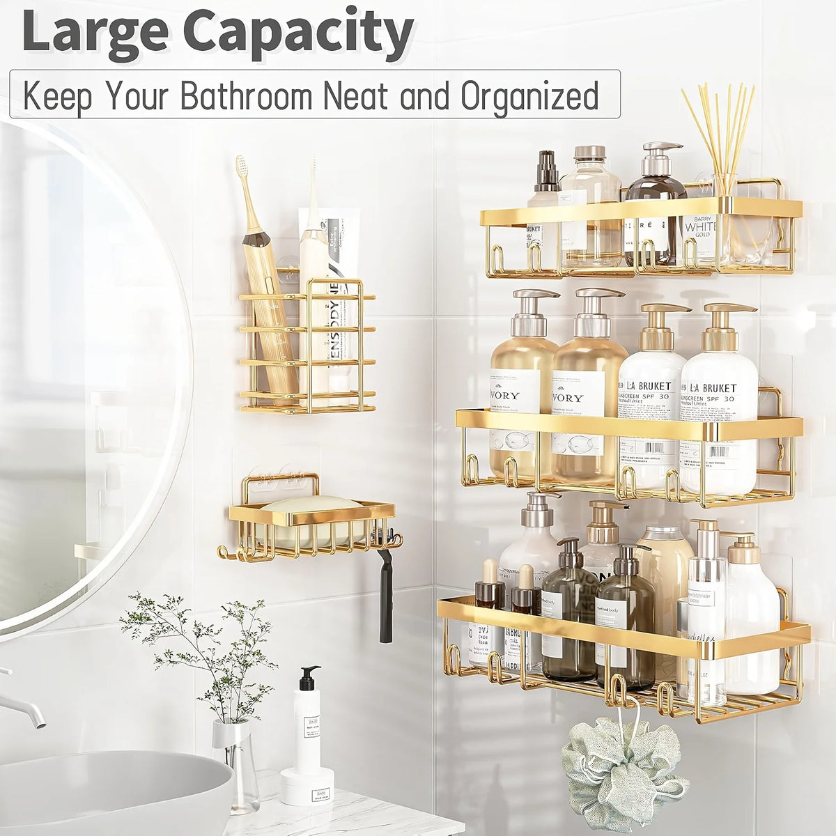 Shower Caddy Adhesive, 5 Pack Rustproof Stainless Steel Shower Shelves with Large Capacity, No Drilling Bathroom Organizers and Storage for Home Decor, Golden