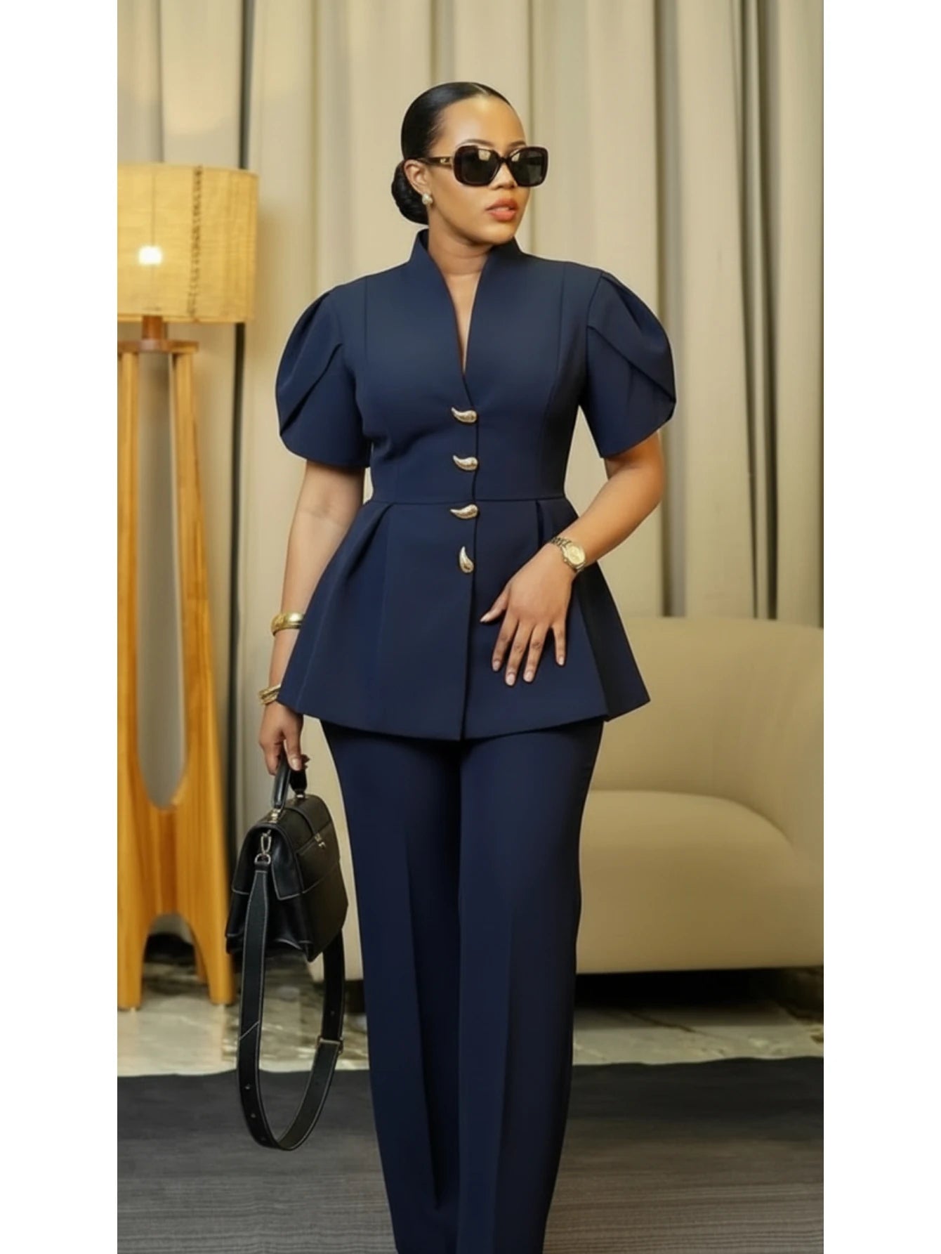 Women Stand Collar Puff Sleeve Peplum Polyester Pants Suit