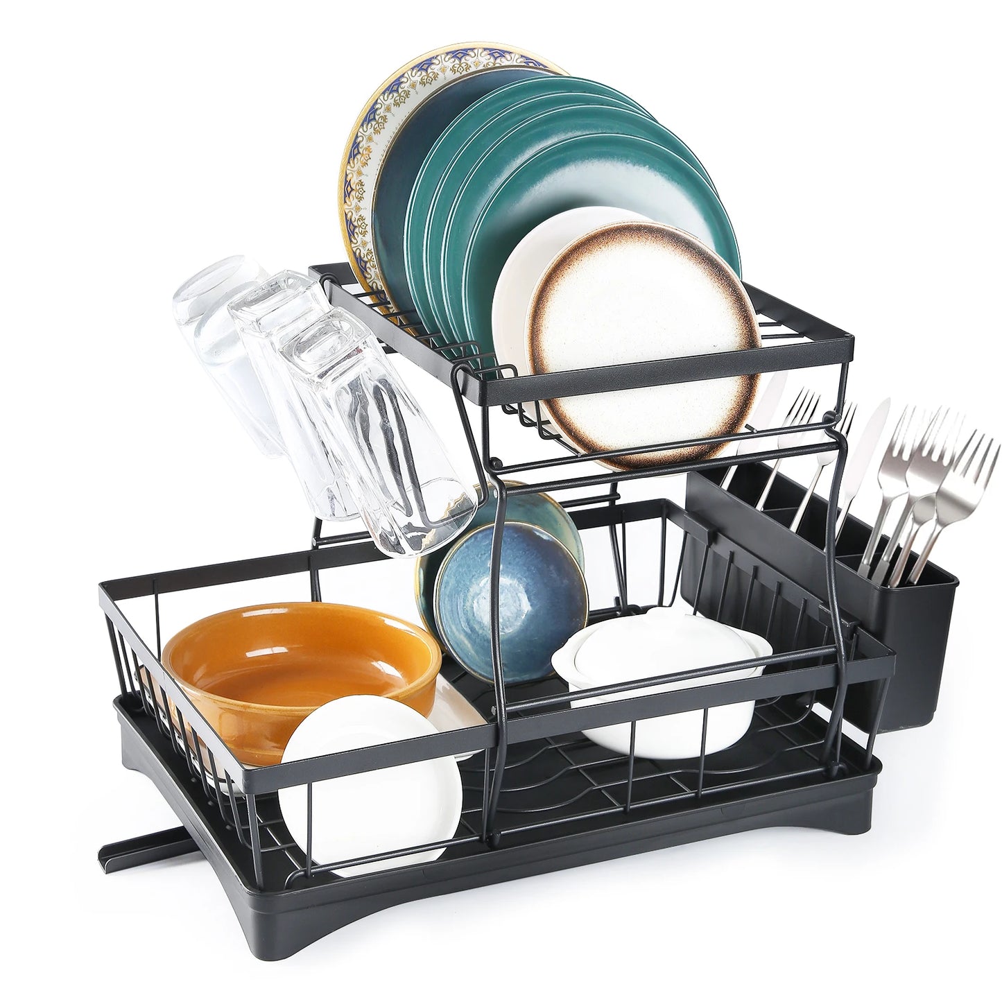 Kitchen Storage Rack, 2 Tier Dish Drainer with Drip Tray and Drainer Mat,with Utensil Holder, Swivel Spout, Draining Board