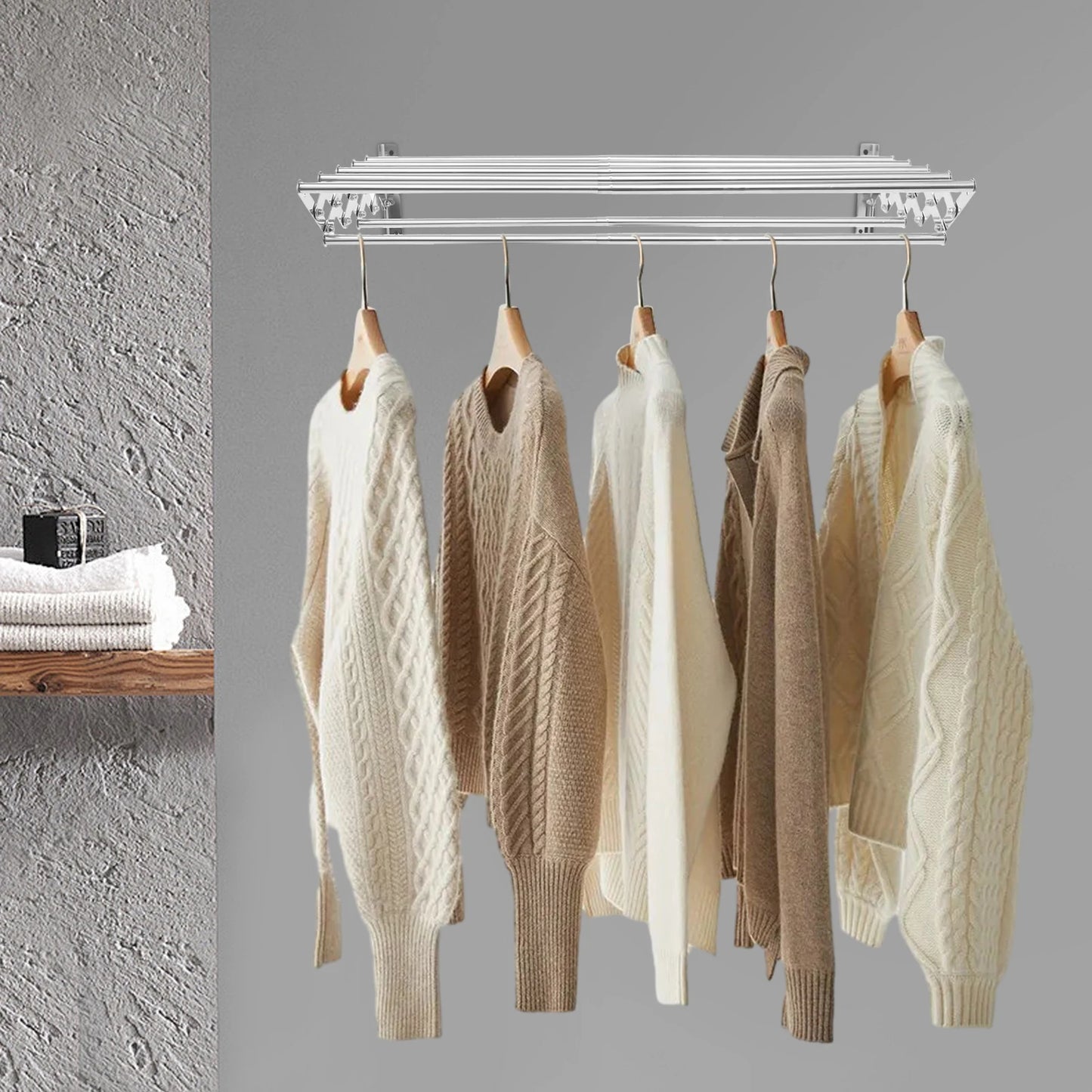 Stainless Steel Wall Mounted Clothes Drying Rack 40kg Load 7 Telescopic Rods Expandable Space Foldable Garment Organizer