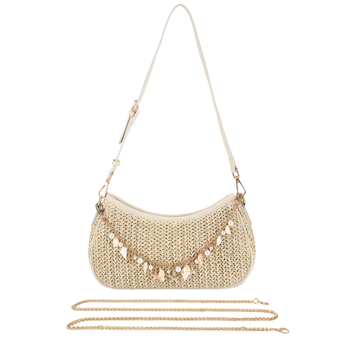 Bohemian Straw Shoulder Bag With Shells And Starfish