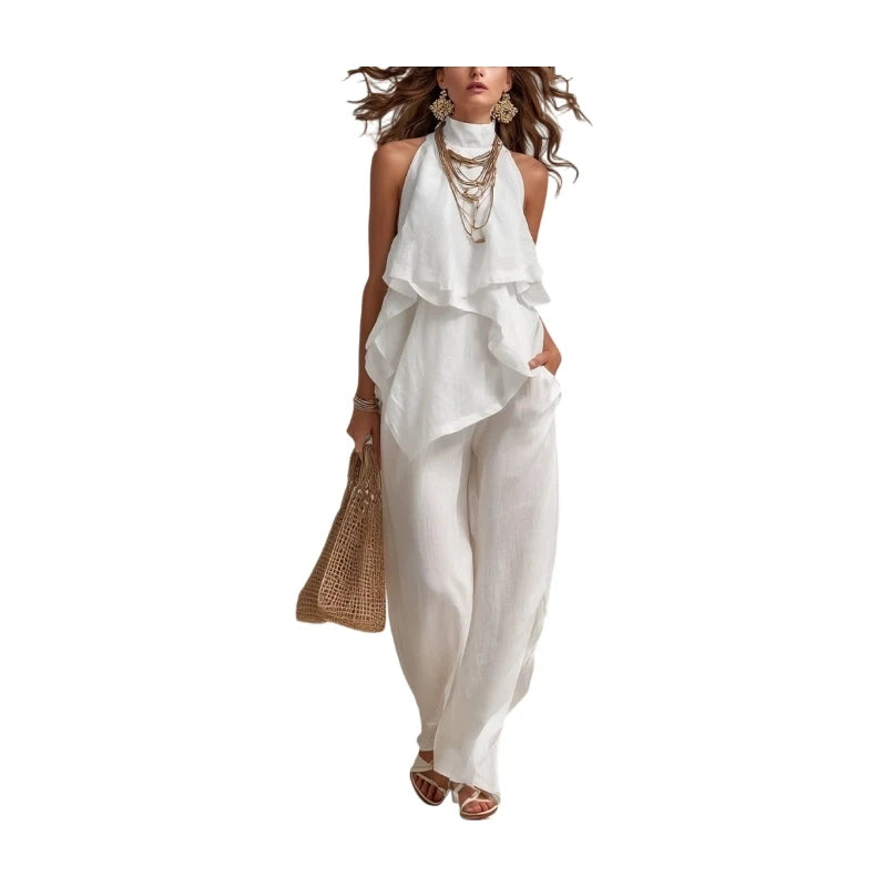 Women Halter Ruffle Top High Waist Wide Leg Pants Vacation Set