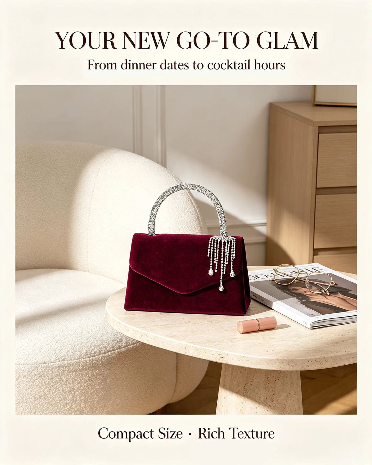 Women's Velvet Envelope Clutch With Rhinestone Tassel Pendant Bag
