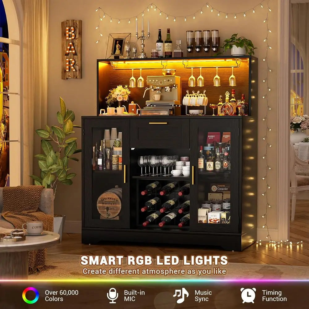 Wine Bar Cabinet with LED Light, Liquor Cabinet with Wine Rack and Glass Holder, Coee Bar Cabiwith Der, Buet Sideboard Table wit