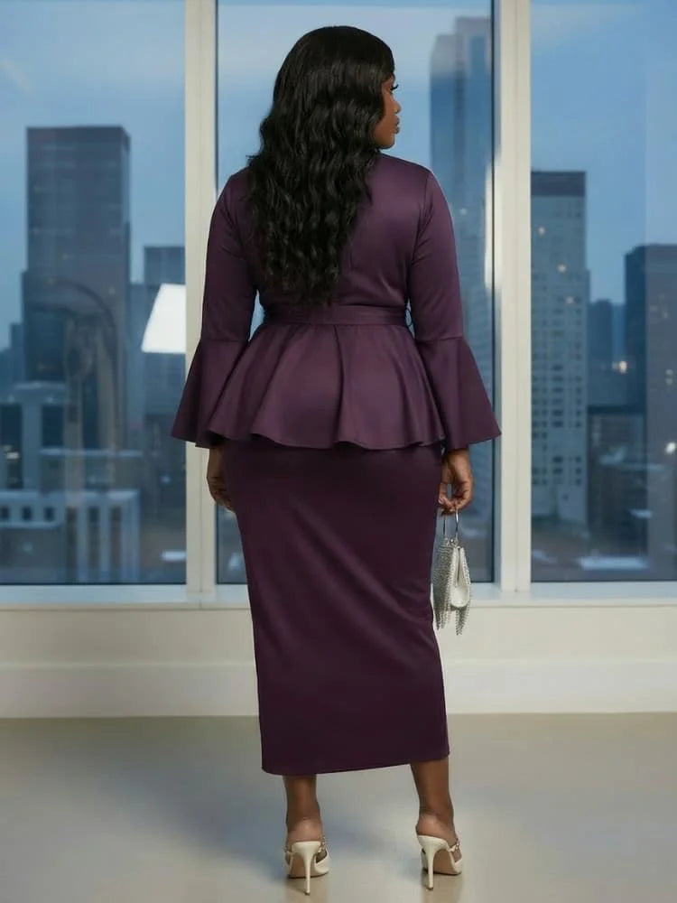 Plus Size V Neck Flare Sleeve Wrap Peplum Top + High Waist Midi Skirt Matching Set For Women Evening Bodycon Two Piece Outfit