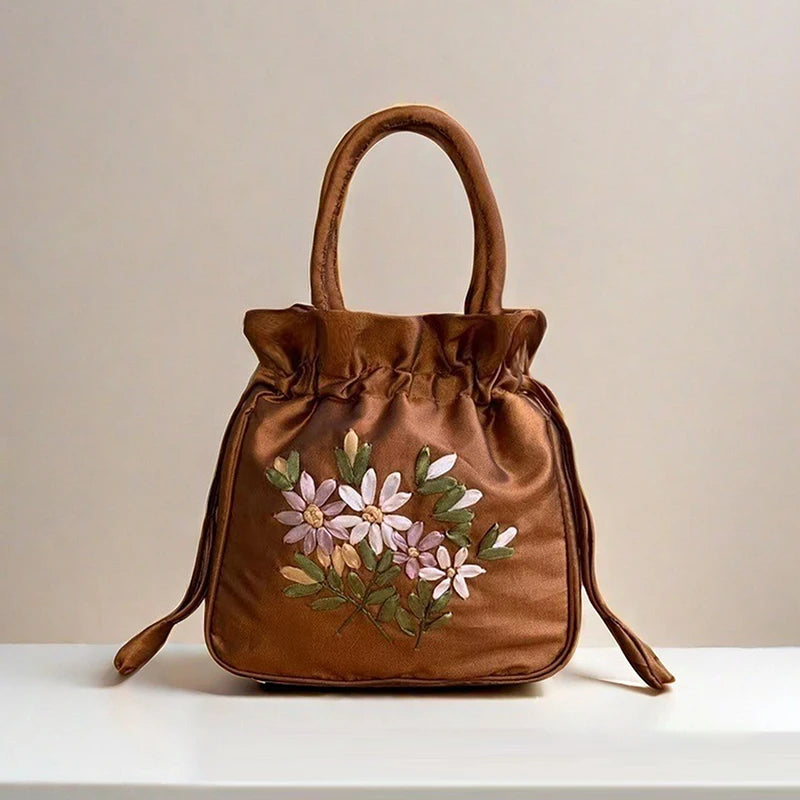 National Style Embroidered Flower Bucket Bag With Drawstring