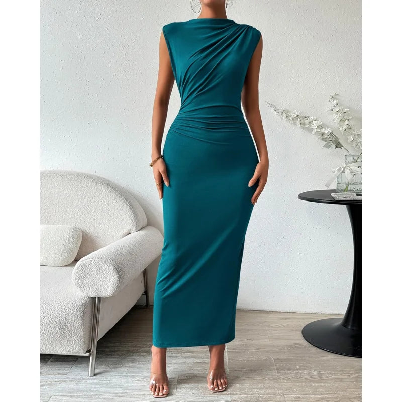 Women Ruched Bodycon Maxi Dress Sleeveless Elegant Party Cocktail Gown