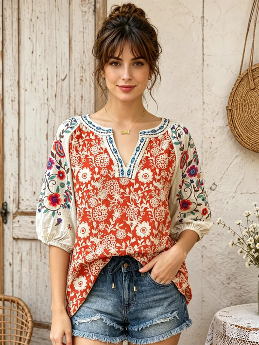 Vintage Mexican Floral Peasant Top With V Neck